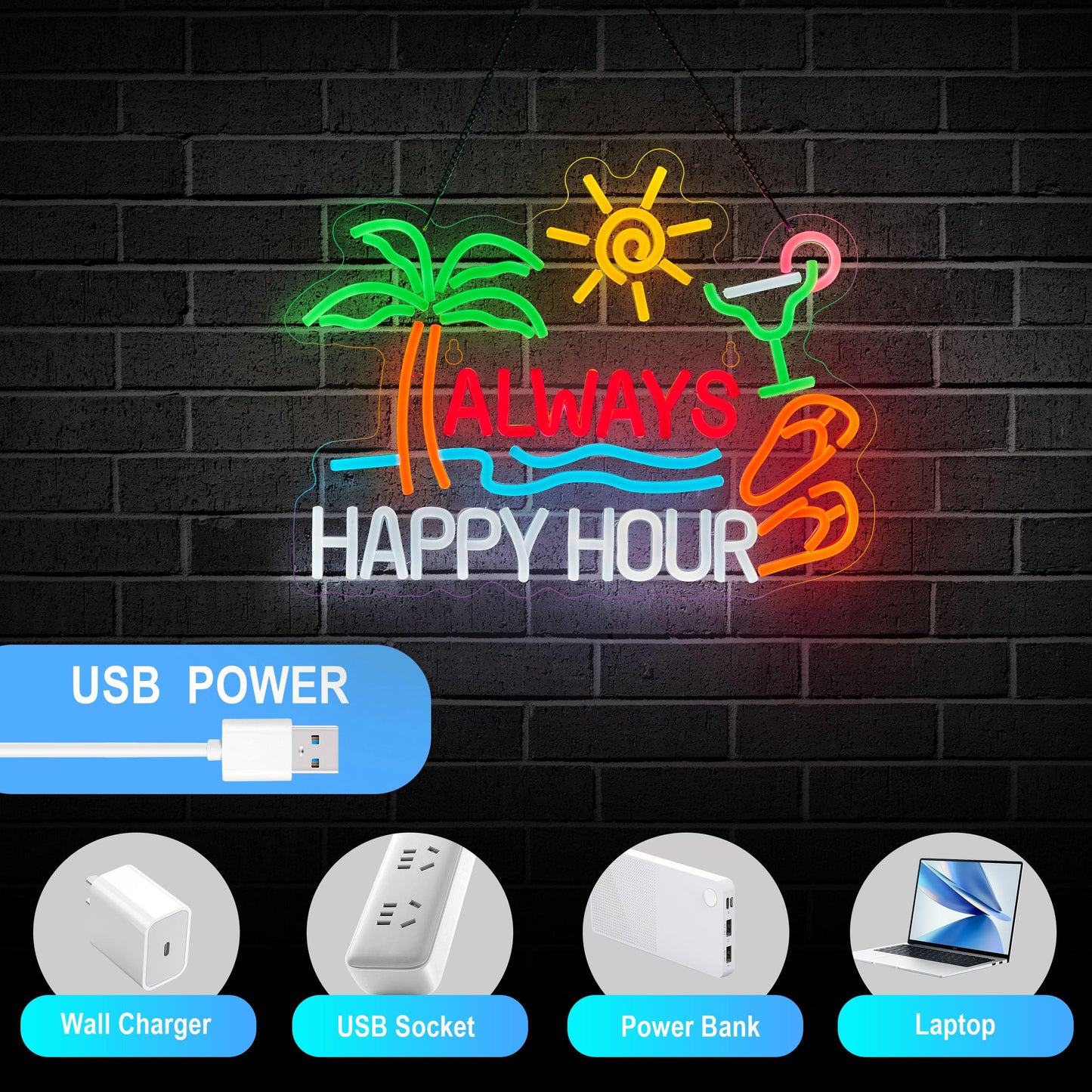 Always Happy Hour Beer Bar Neon Sign for Wall Décor Dimmable USB LED Neon Light for Home Tiki Bar Decor Man Cave Parties Gift