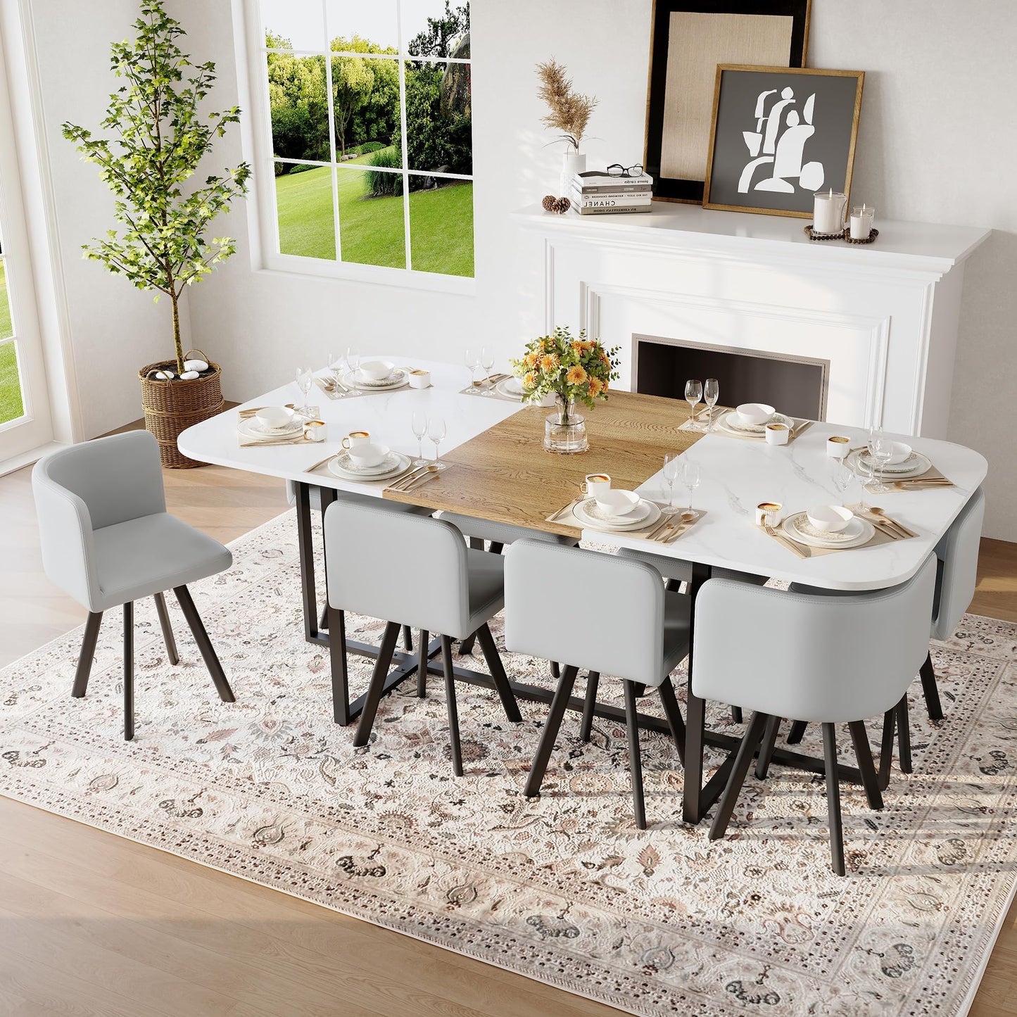 KEIKI 79" Dining Table Set for 8, Rectangular Kitchen Table Set with White Faux Marble & Wood Grain Top, Modern Dining Room Set with 8 Gray PU Leather Chairs, Large Family Dining Table Furniture