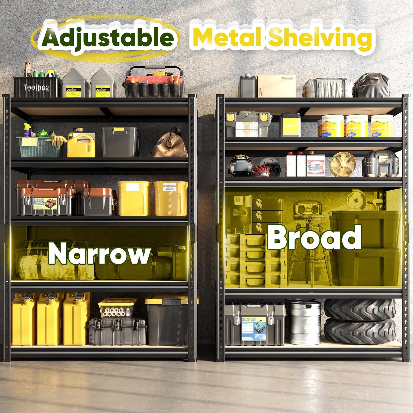 DurayLoly 72" H Garage Shelving, 5 Tier Storage Shelves Load 2500 lbs, Adjustable Garage Shelves, Metal Shelving Unit for Warehouse, Basement, Pantry, 40" Wx 16" D x 72" H, Black