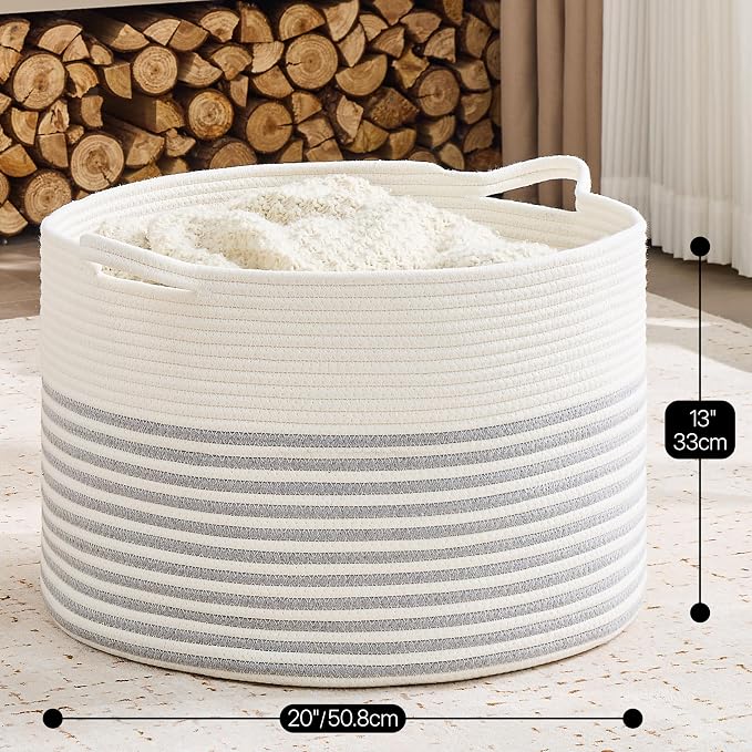 KAKAMAY Cotton Rope Storage Basket (20"x13"),Woven Hamper for Blankets,Toys,Pillows,Clothes,Laundry,Sturdy Handles Decorative Basket for Living Room, Bedroom,Nursery(Grey/Beige)