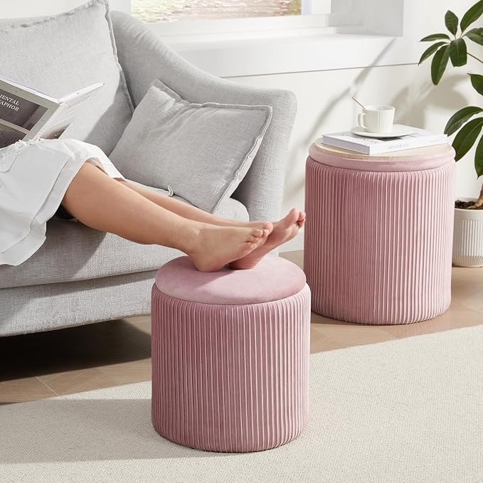 Royal Windsor Round Ottoman with Storage Set of 2,Vanity Stool with Storage for Bedroom, Ottoman Coffee Table,Small Velvet Foot Stool for Living Room, Pink