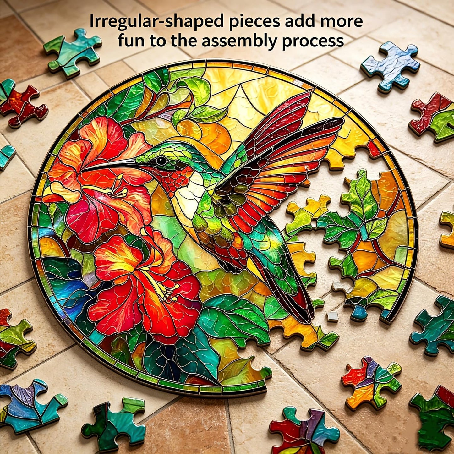 FINEED Acrylic Jigsaw Puzzle Suncatcher, 83 Pcs Stained Glass Window Hanging, Emerald Flame Hummingbird DIY Sun Catcher with Metal Chain, Garden Home Decor, Creative Gift for Women Mom Wife Grandma