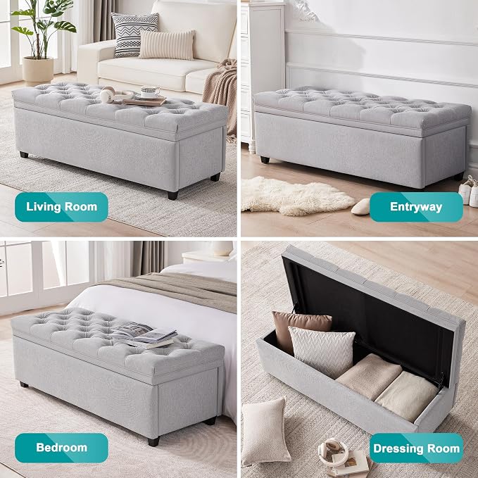 Mangodan 50" Storage Ottoman Bench, Tufted Ottoman with Storage for Living Room, Large End of Bed Ottomans, Modern Entryway Benchs, Window & Bedroom Benches for Foot of Bed (LightGray)