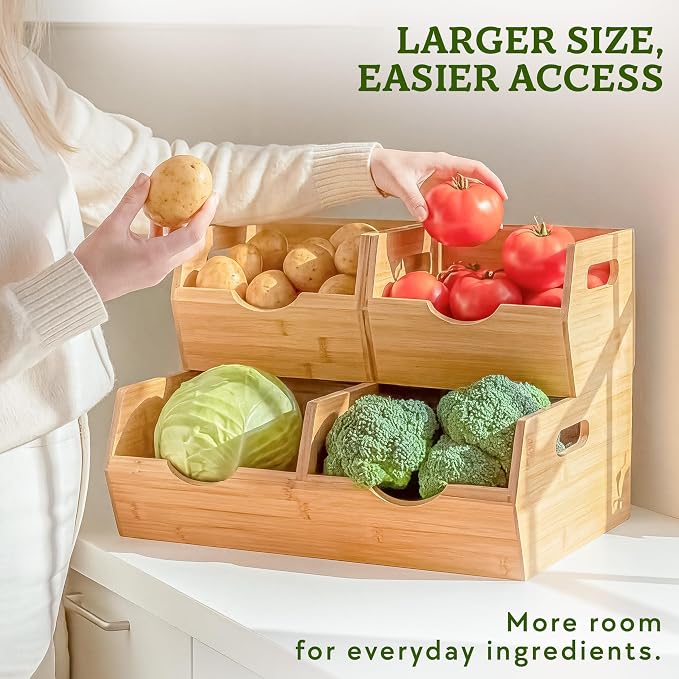 HOMESTEAD Extra Large Bamboo Pantry Storage Bins – 30% Larger, Stackable Potato Onion Storage Bin, Large Pantry Organizers and Storage, Produce Vegetable Organizer, Set of 3