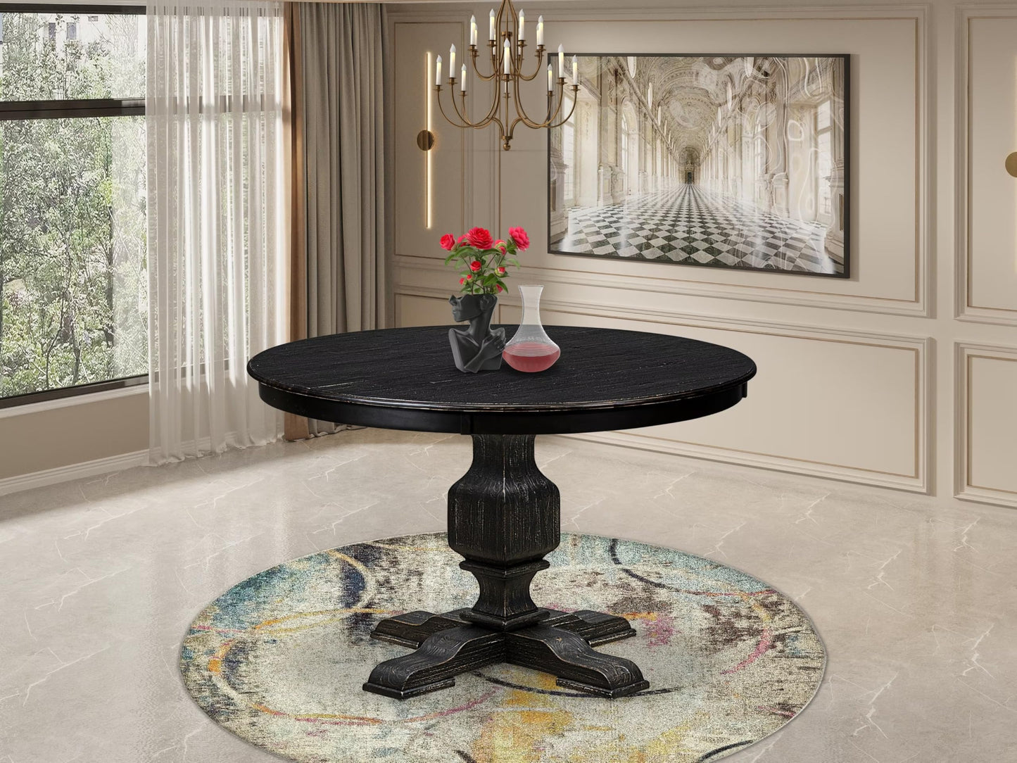 Luxe by East West Furniture FE3-11-TP - Modern Dining Table with Acacia Wood Round Tabletop, Sand Blasted Black Finish