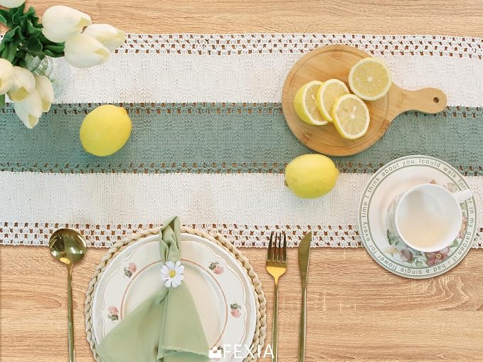 FEXIA Sage Green Table Runner 48 Inches Long with Tassels Boho for Summer Home Decor Rustic Macrame Farmhouse Table Cover for Wedding Party Bohemian Bridal Shower Dining Decorations(12x48 Inches)