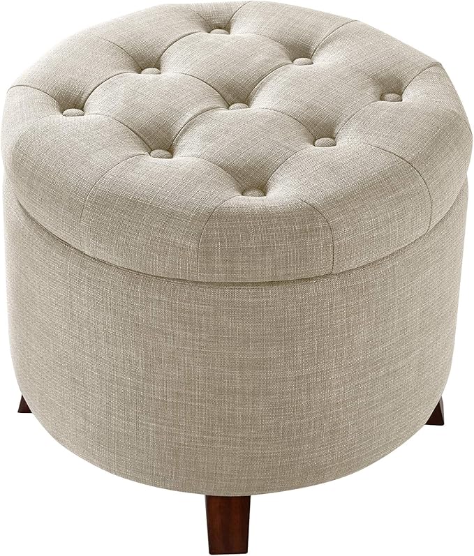Amazon Basics Round Storage Ottoman Foot Rest, Button Tufted Upholstered Footstool with Storage, Sturdy Linen Fabric for Living Room and Bedroom, 20" x 17", Beige
