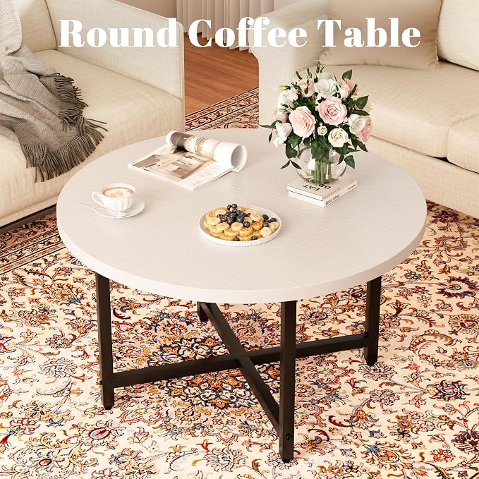 FAMIDGE Round Coffee Table, Small Coffee Tables for Living Room, Low Wood Coffee Table with Metal Frame, Floor Table Desk for Sitting on The Floor, Home, Office, White(23.6" D x 17.7" H)