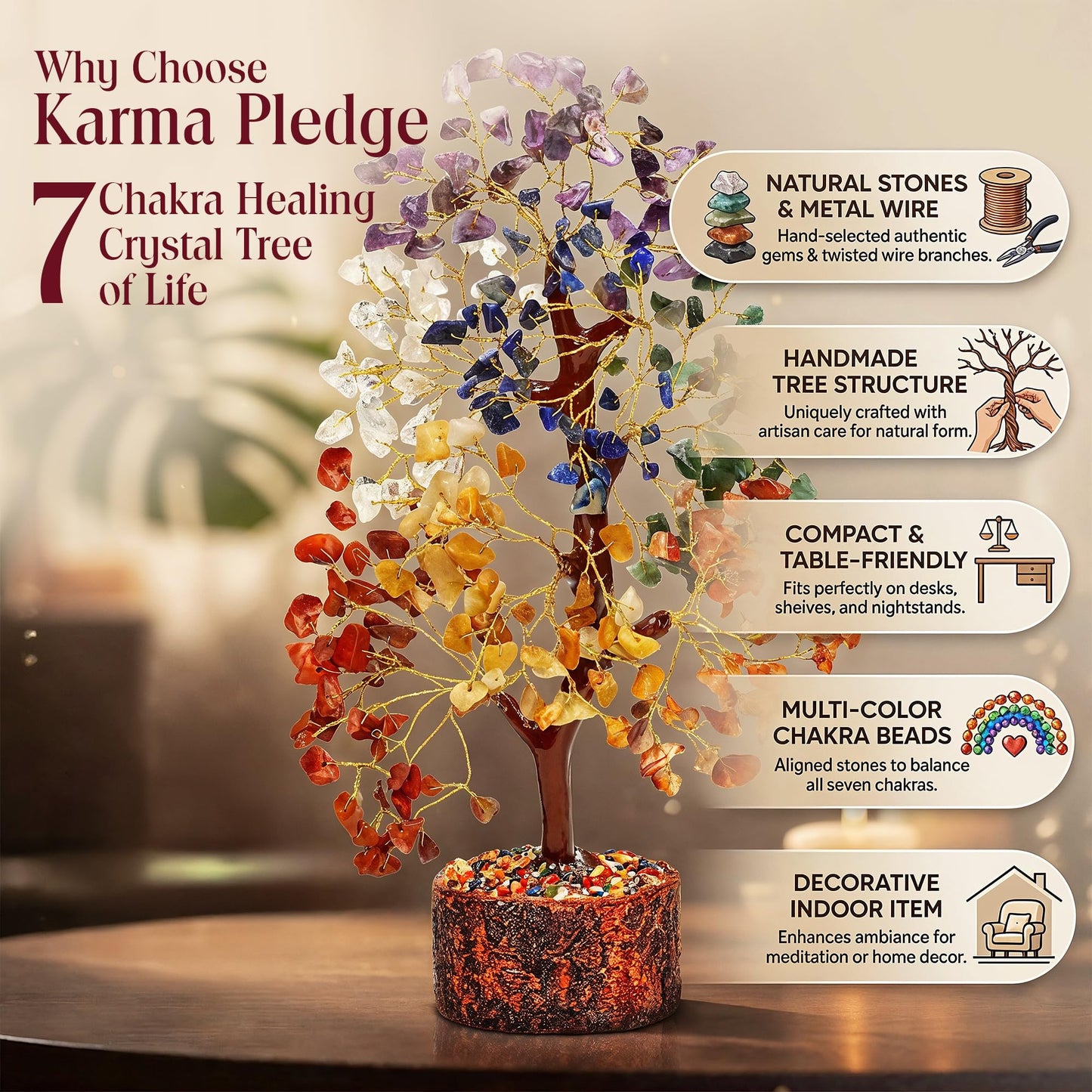 Handmade 7 Chakra Crystal Tree of Life - Unique Birthday & Anniversary Gifts for Women, Mom, & Friends | Handcrafted Healing Crystal Decor for Home & Office, Brings Positive Energy, Luck & Prosperity
