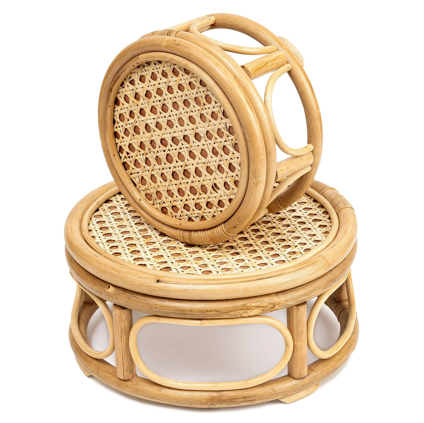 KUTORKILL Set of 2 Large Rattan Wicker Round Risers Decorative Indoor Plant Stand, Mid Century Minimalist Modern Plant Stands, Boho Short Plant Stand Holder Suitable Fits 8'' and 12'' Pots