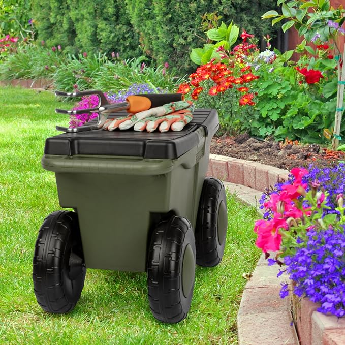Pure Garden Rolling Garden Cart with Seat - Plastic Storage with Bench and Interior Tool Tray - Gardening Stool for Weeding and Planting (Green)