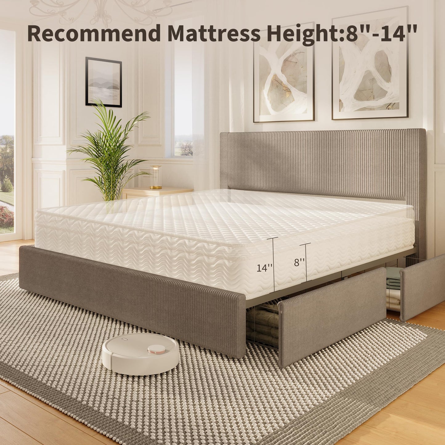 IDEALHOUSE Full Size Bed Frame with Tufted Wingback Headboard, Platform Corduroy Upholstered Bed Frame with 4 Storage Drawers and Wooden Slats Support, No Box Spring Needed, Brown