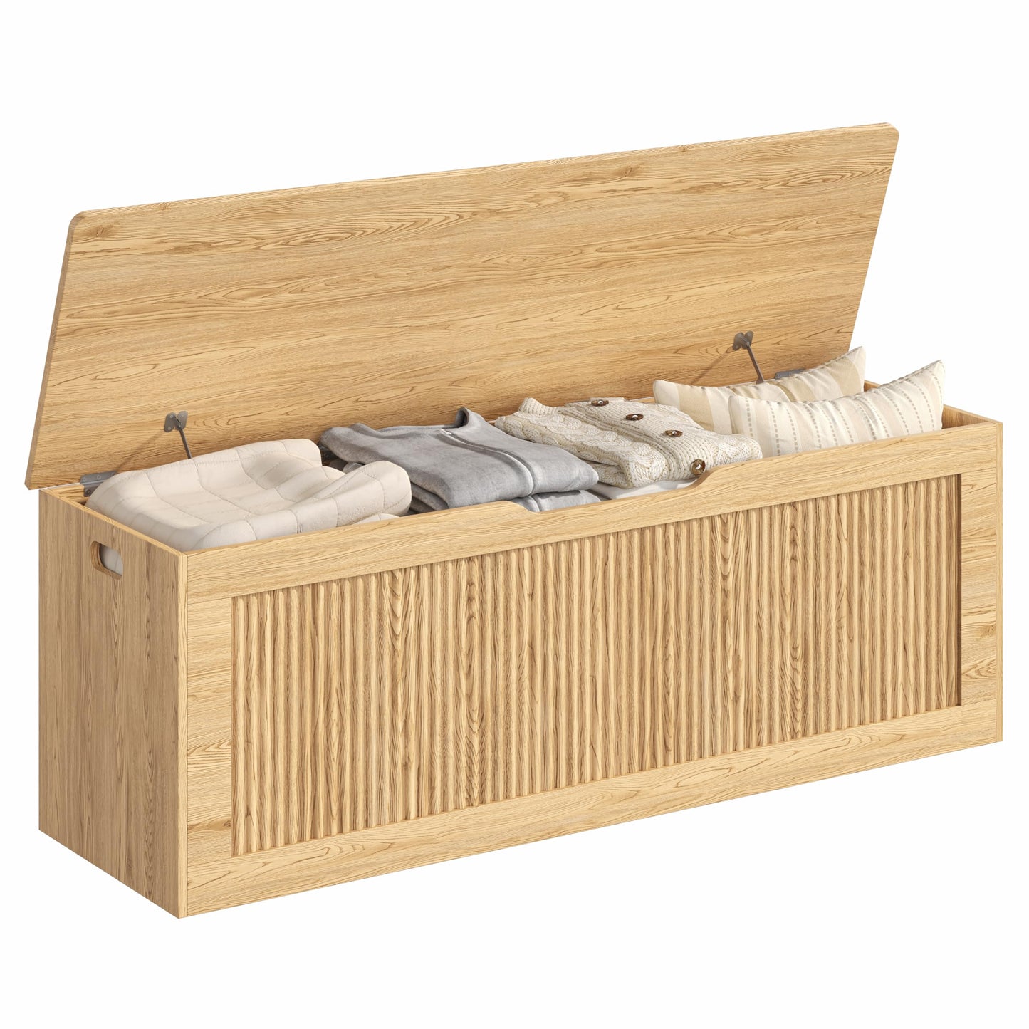 Akxomel Extra Large Fluted Storage Chest, 51.2" Storage Bench with 2 Safety Hinges, Shoe Bench, Wooden Box Bench, Long Storage Trunk with Lift Top, for Bedroom, Living Room, Entryway, Natural Oak