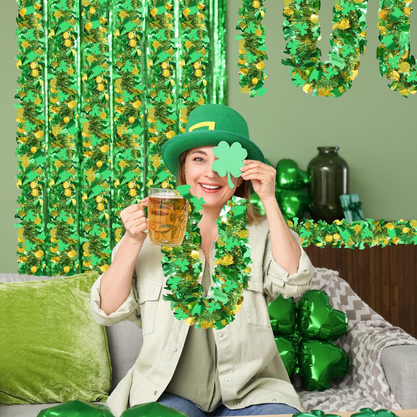 Palonu 50FT St. Patrick's Day Tinsel Garland Green Shamrock Gold Coins Metallic Tinsel Twist Garland for Irish Saint Patricks Day Party Home Decor Indoor Outdoor Decoration