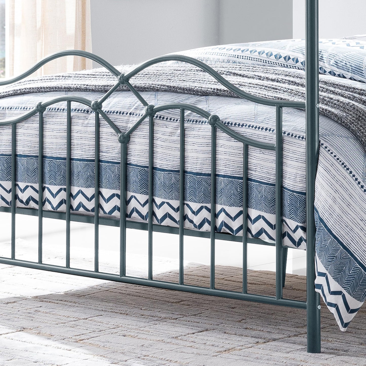 Christopher Knight Home Eileen Metal Canopy Bed Frame Queen Size with Headboard/Footboard, 4 Poster Platform Queen Bed Frame with Classic Knob Posts, Iron Slat Support, No Box Spring Needed, Blue