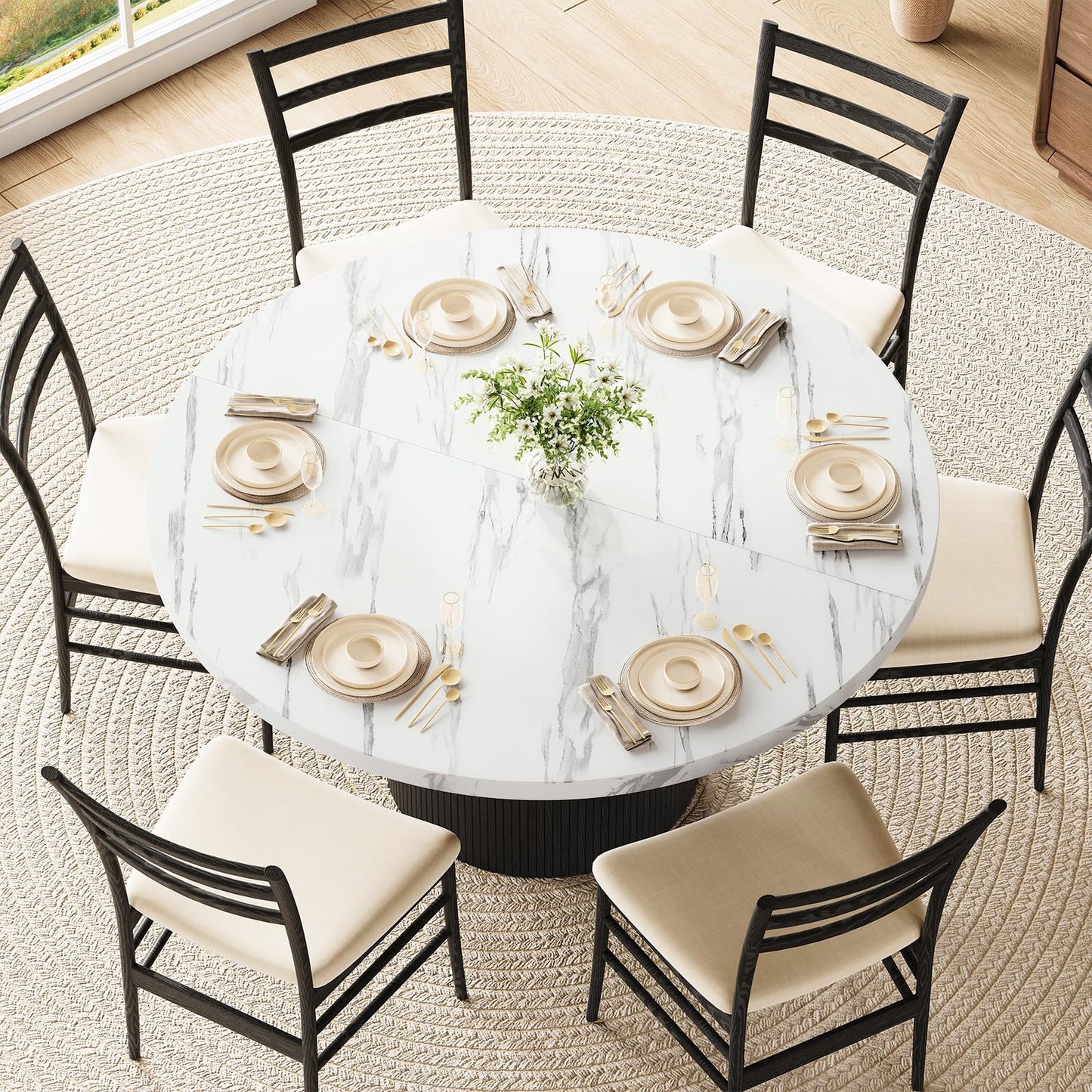 Round Kitchen Dining Table for 4-6 People, 47 inch Mid-Century Circle Dinner Tables, Rustic Wood Base in Fluted Design, Space Saving Dining Room Furniture, Large Table Only for Family Party, Marble