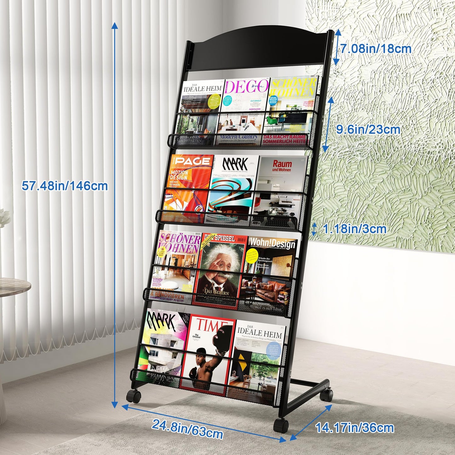 Qriocioa Brochure Display Stand 4 Layer Floor-Standing Magazine Rack Literature Newspaper Catalog Display Holder with Wheels and Top Billboard for Exhibitions,School, Hotel, Hospitals, Offices (Black)