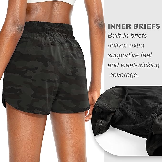 SANTINY Women's Running Shorts with Zip Pockets High Waisted Athletic Workout Gym Shorts for Women with Liner