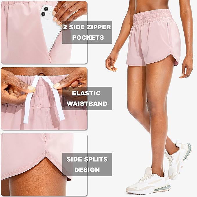 SANTINY Women's Running Shorts with Zip Pockets High Waisted Athletic Workout Gym Shorts for Women with Liner
