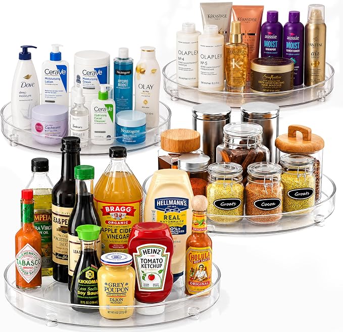 Oizeir Clear Lazy Susan Turntable Organizer (Pack of 4) 9 Inch Acrylic Rotating Storage for Cabinet, Pantry, Fridge, Bathroom, and Vanity Countertops