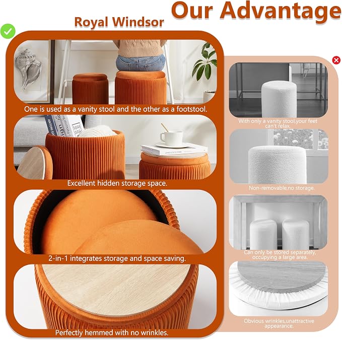 Royal Windsor Round Ottoman with Storage Set of 2,Vanity Stool with Storage for Bedroom, Ottoman Coffee Table,Small Velvet Foot Stool for Living Room, Orange