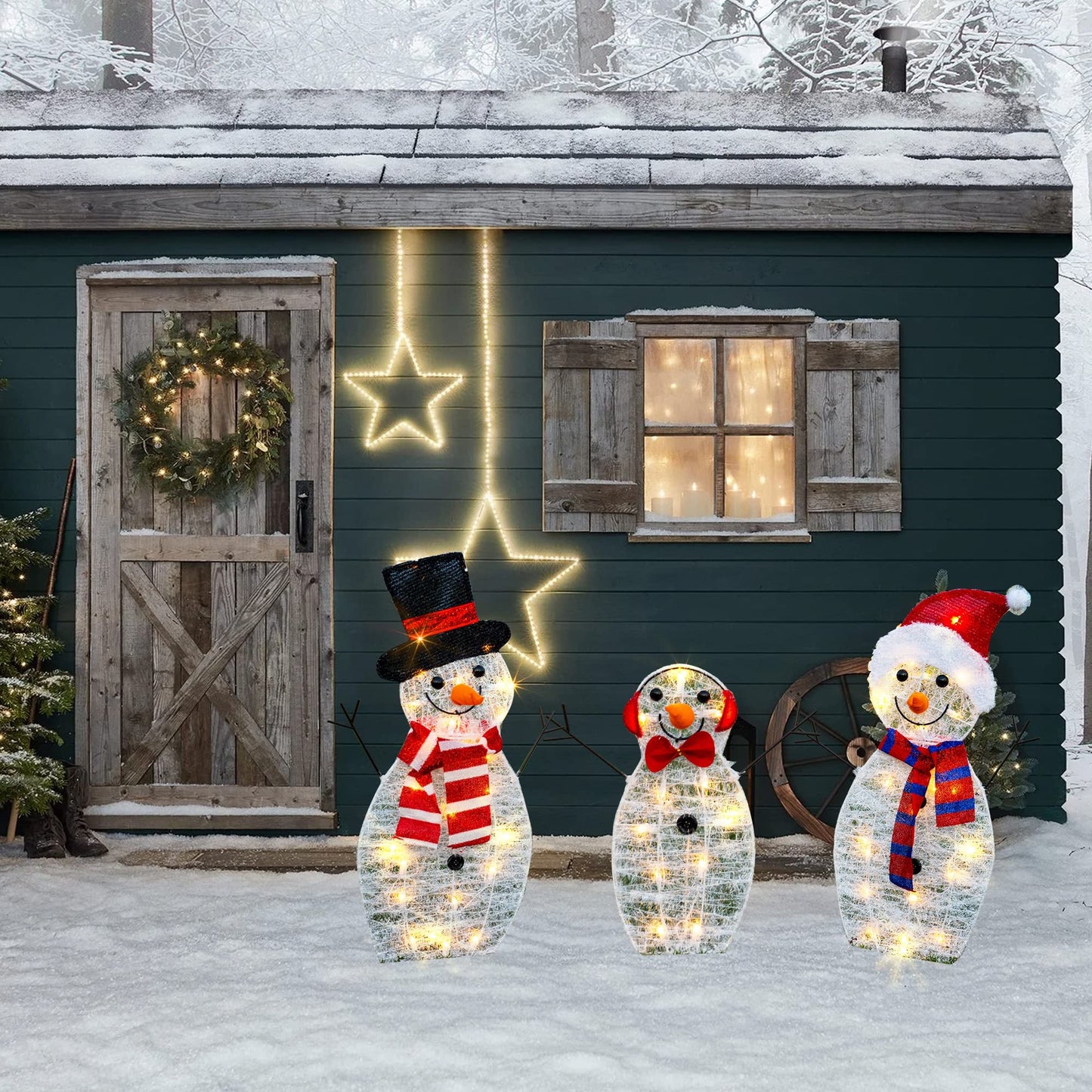 HOURLEEY Christmas Decoration 60 L Lighted Snowman Family Outdoor, 3-Piece Waterproof Plug in 2D Snowman for Yard Patio Lawn Garden Party Decor 29X12.2Inch-Large (Warm White)