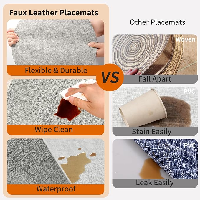 Maxpearl Round Placemats Set of 6, 13.8 inch Faux Leather Heat Resistant Table Mats, Non Slip Waterproof Wipeable Place Mats for Kitchen Dining Holiday Party Table Settings, Grey