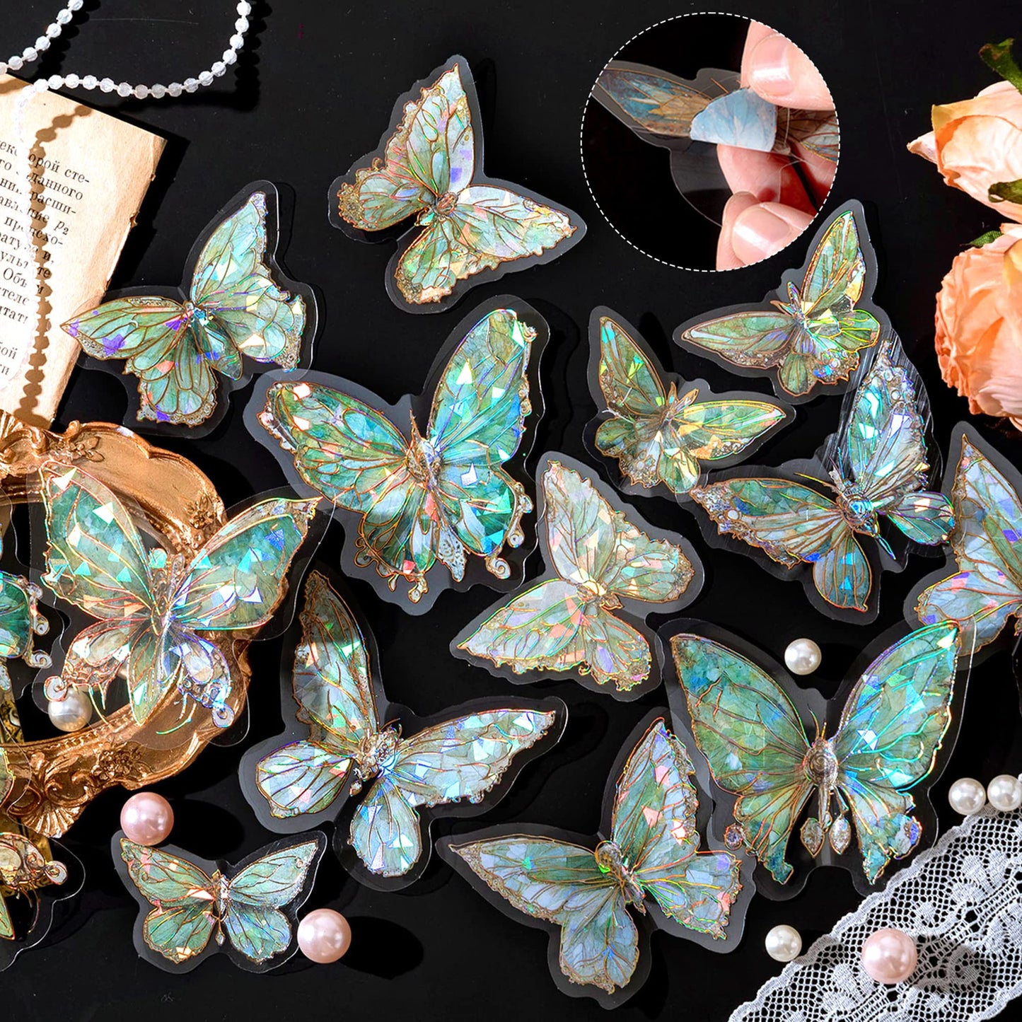 Aromoty Butterfly Stickers Set Ice Crystals Holographic Shiny Transparent Resin Waterproof Stickers Decals 80 Pieces with 4 Themes for Scrapbooking Supplies Junk Bullet Journals Daily Planner Laptop