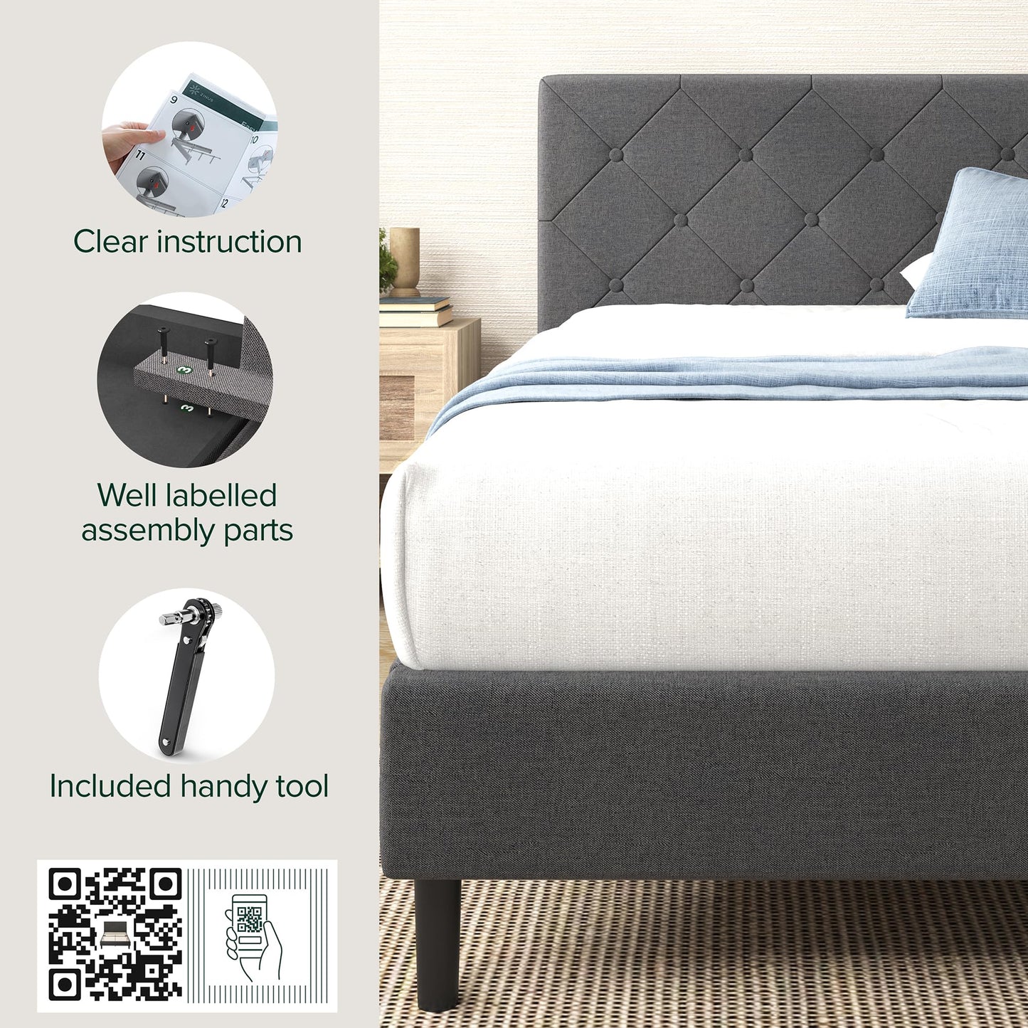 Zinus Queen Shalini Upholstered Platform Bed Frame with Headboard [New WonderBox(TM) Version], Wooden Slat Support, No Box Spring Needed, Easy Assembly, Eco Friendly Packaging, Dark Grey