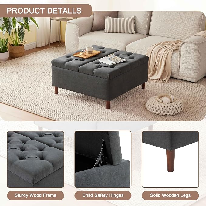 Weture 35 Inch Extra Large Storage Ottoman Coffee Table, No Assembly Required, Oversized Square Ottoman with Storage, Tufted Upholstered Ottomans Coffee Table for Living Room (Fabric, Dark Grey)