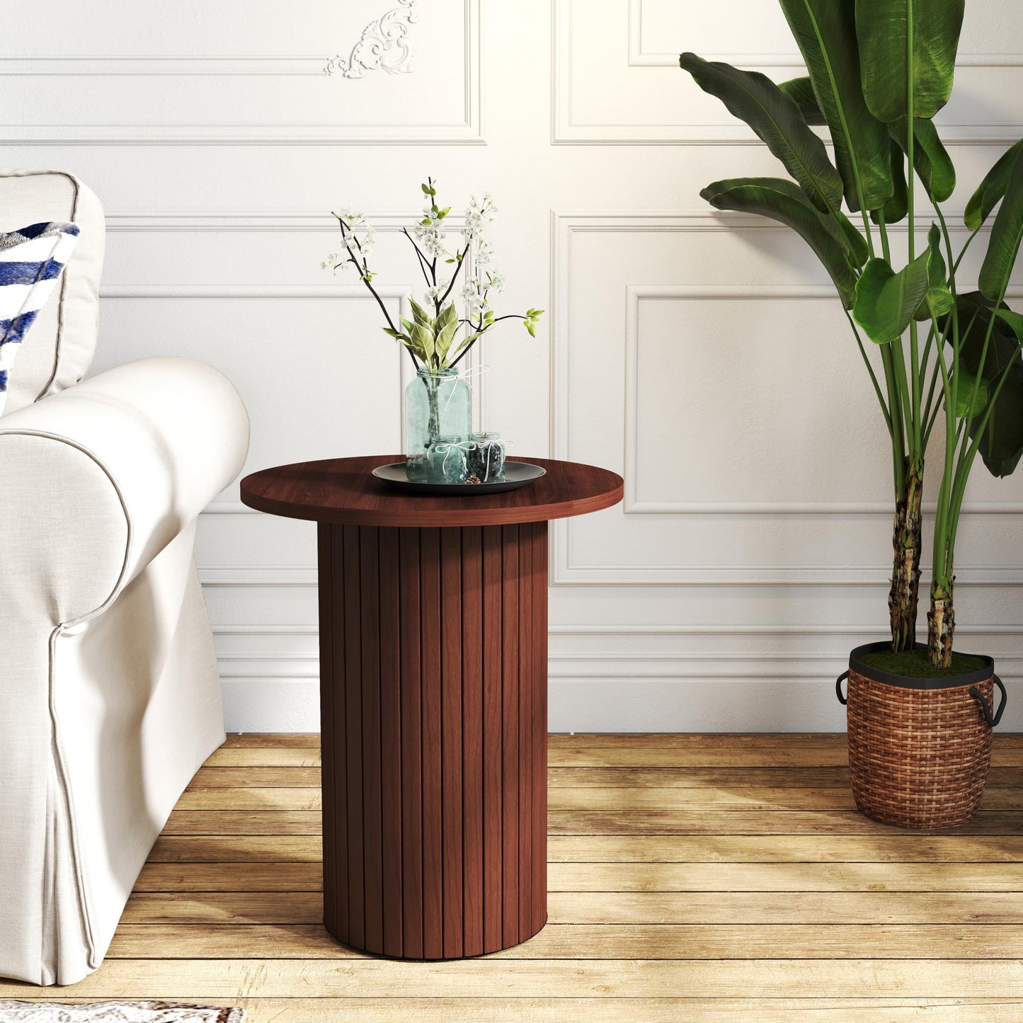 Small Round Side Table, Fluted Drum Pedestal End Table, Wood Plant Stand for Small Spaces, Modern Home, Bedroom, and Living Room Desk Furniture, Brown
