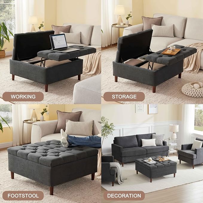 Weture 35 Inch Extra Large Storage Ottoman Coffee Table, No Assembly Required, Oversized Square Ottoman with Storage, Tufted Upholstered Ottomans Coffee Table for Living Room (Fabric, Dark Grey)
