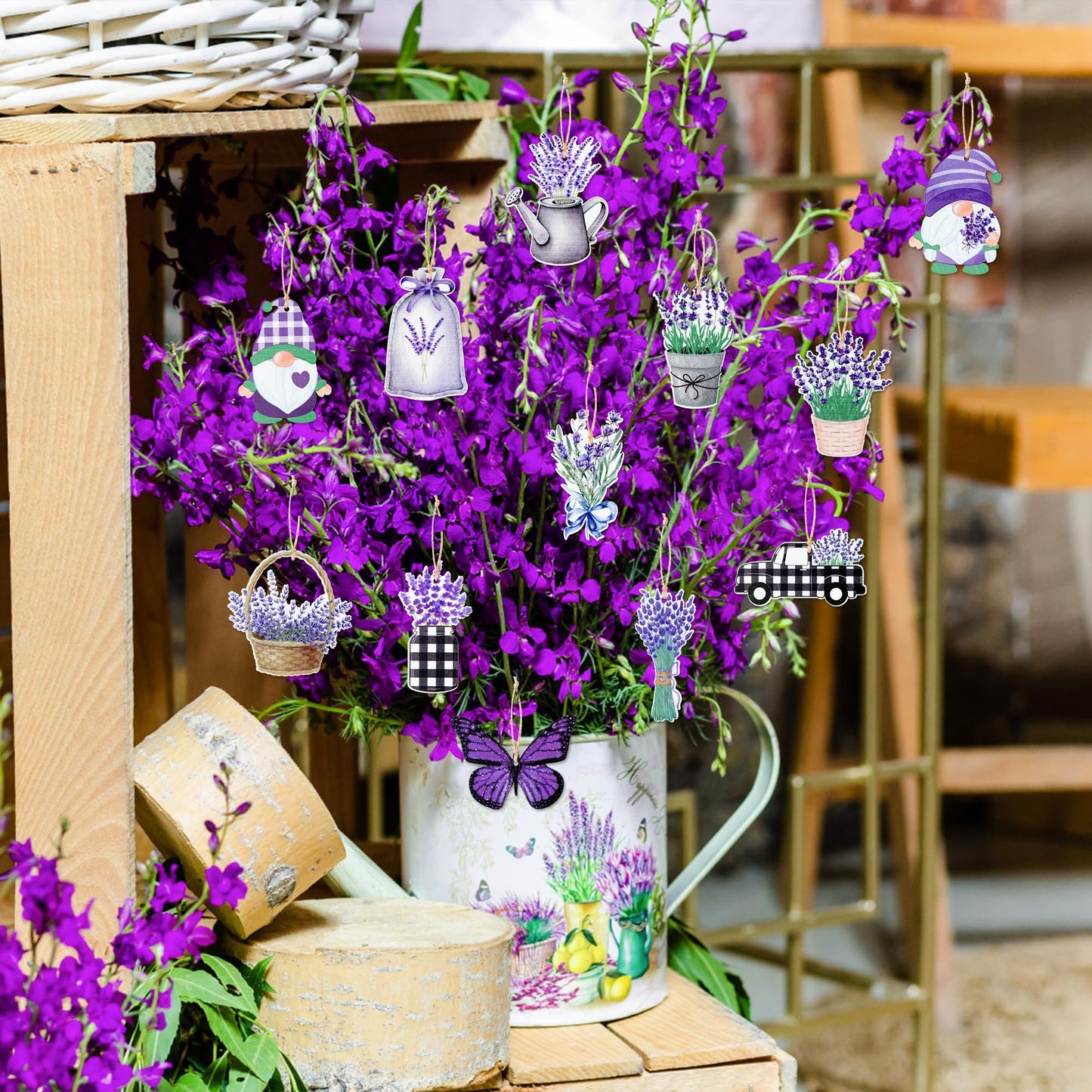 WATINC 37pcs Lavender Wood Hanging Ornament - Spring Summer Wooden Flowers Crafts Hang Decorations, Gnome Floral Tree Ornaments with Rope for Home Kitchen Holiday Party Decor Supplies (12 Styles)