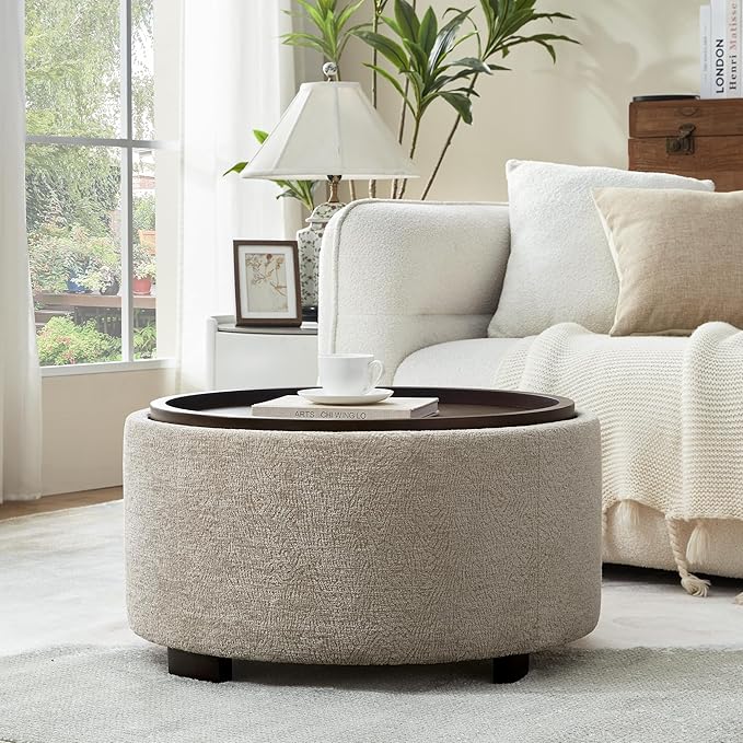 Zihanhome 30 Inch Round Storage Ottoman, Ottoman Coffee Table with Lift Off Lid, Boucle Modern Ottomans with Storage for Living Room, Bedroom, Apartments (Light Brown Striped)