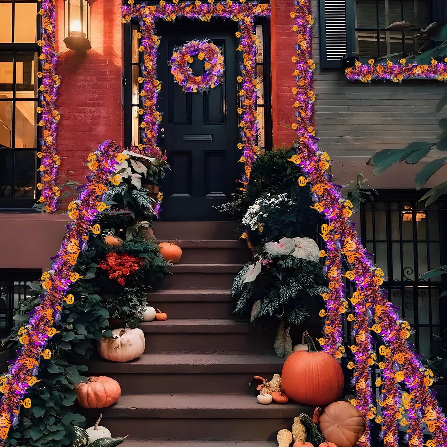 4 Strings Total 26.4 ft Halloween Tinsel Garlands – Each 6.6ft Black Orange Purple Bats Pumpkins Spiders Fringe Garland for Halloween Parties, Haunted House, and Spooky Decorations