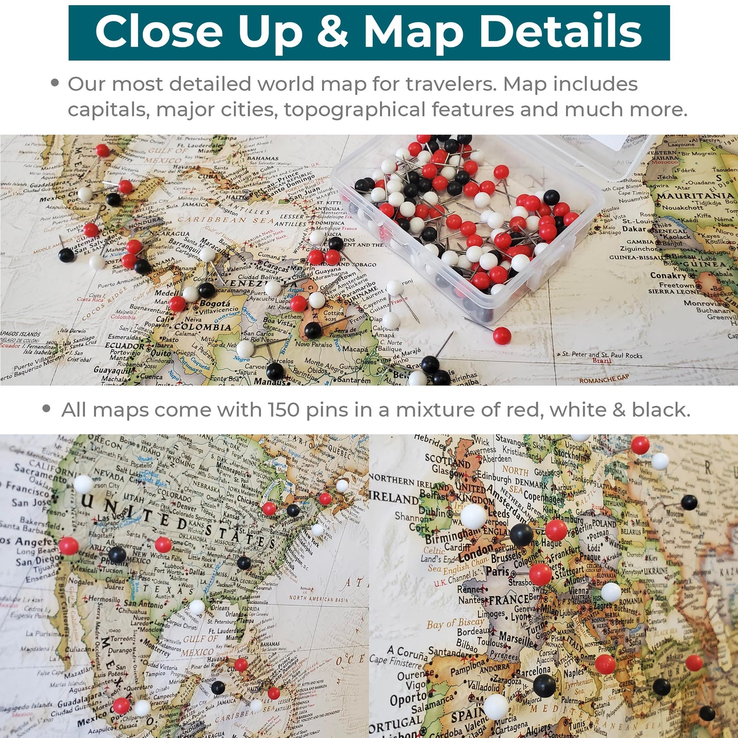 Push Pin Travel Maps Customizable Wall Art - Executive World - Rustic Brown - Framed Pin Map, Includes 150 Pins - Handcrafted in USA - 27.5" x 39.5"