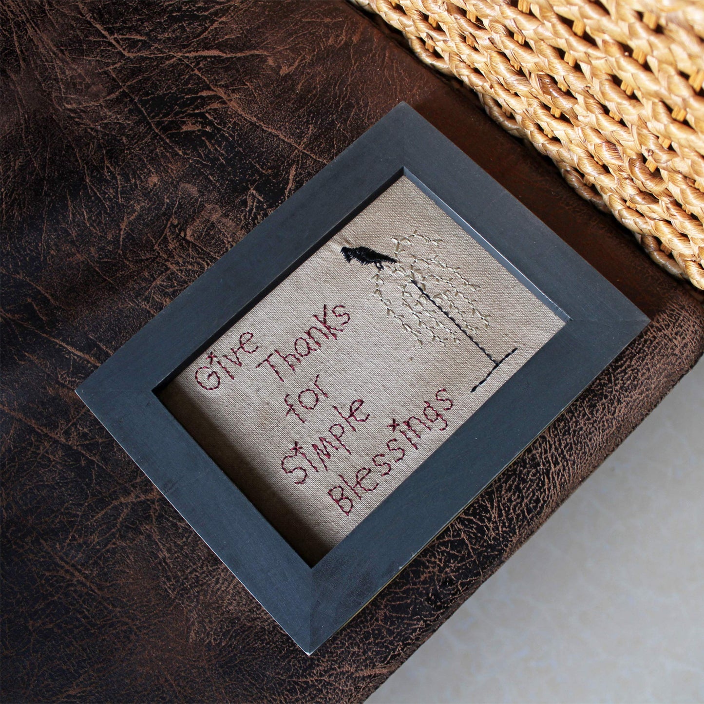 CVHOMEDECO. Primitives Antique Give Thanks for Simple Blessings Stitchery Frame Wall Mounted Hanging Decor Art, 9 x 7 Inch