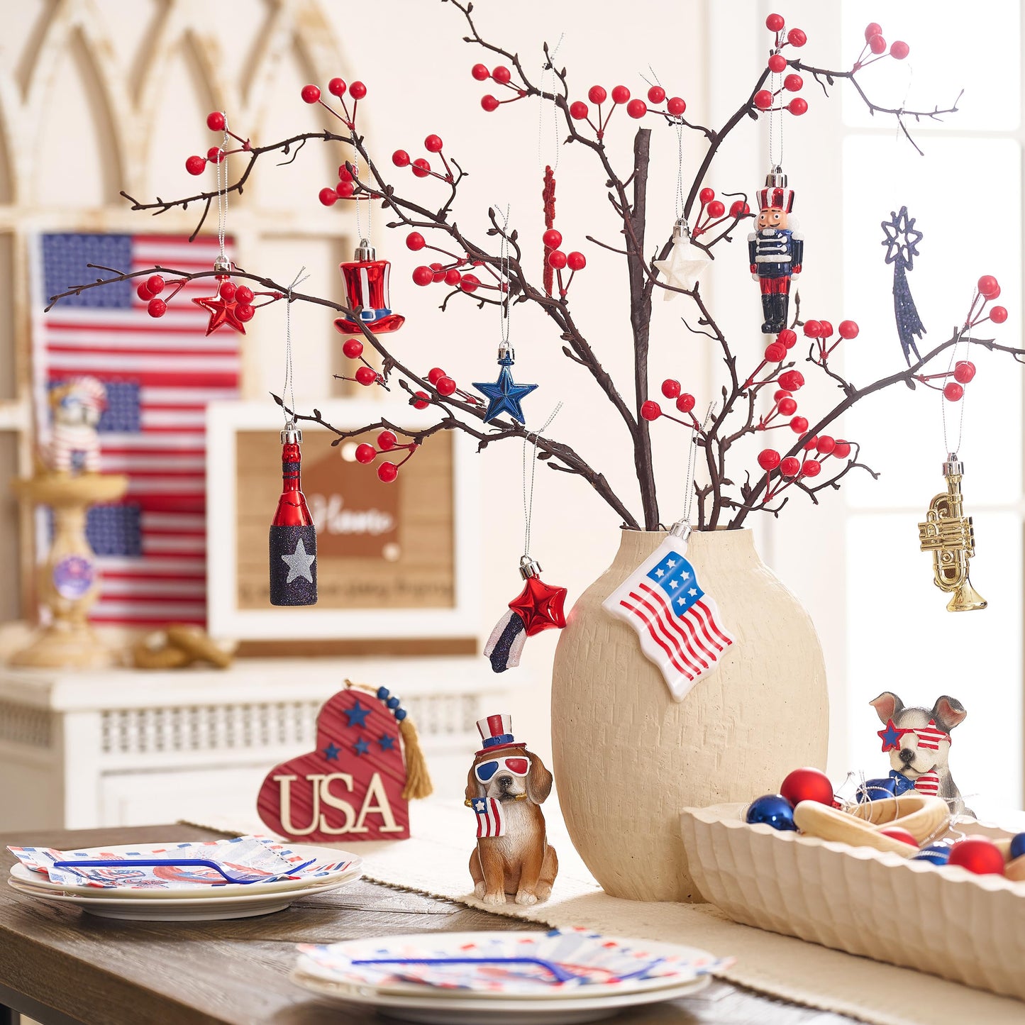 Valery Madelyn 4th of July Tree Decorations for Patriotic Memorial Day Ornaments, 12ct Red White Blue Shatterproof Americana Nutcracker Hanging Ball Decor for Independence Day USA 250th Anniversary