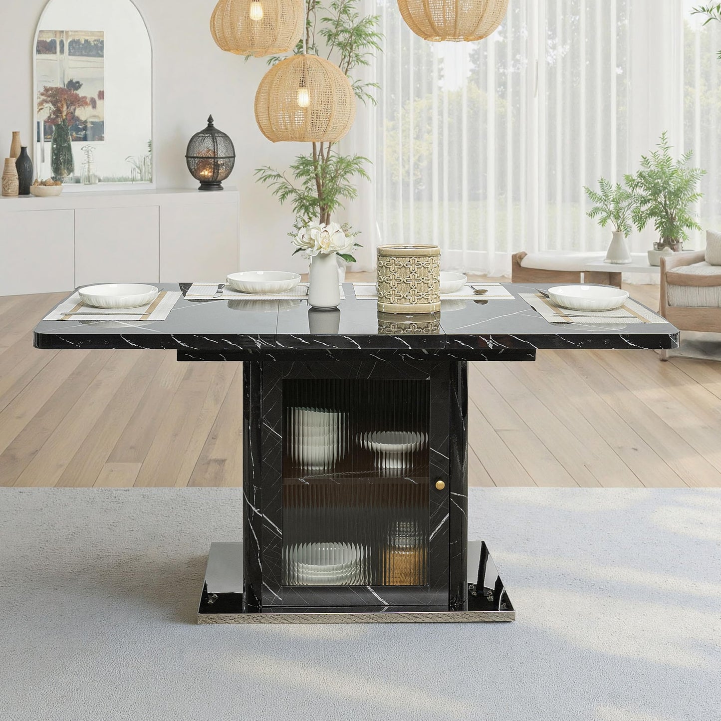GDFStudio 47.24"-63" Farmhouse Extendable Dining Table for 4-6, Printed Marble Top Rectangle Dining Table with Storage Shelves & Glass Door Cabinet, Space Saving Kitchen and Dining Room Table, Black