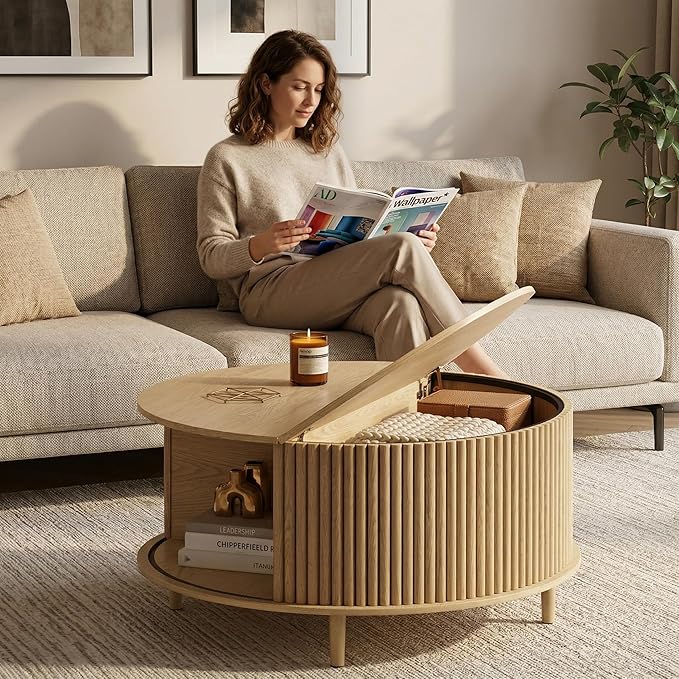 JOINICE,Round Coffee Table with Storage, 31.5" Natural Oak Fluted Center Table with Sliding Door, Modern Circle Drum Table for Living Room, Scandi Wood Furniture for Small Spaces