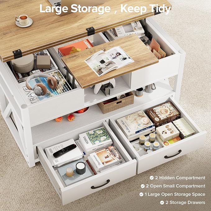 Memobarco 40" Lift Top Coffee Table,4 in 1 Multi-Function Lift Coffee Tables with Storage Drawers and Hidden Compartmen,Farmhouse Coffee Table with Lifting top for Living Room, White+Brown