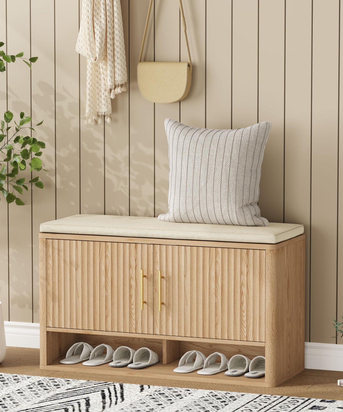 Zeibospri Fluted Shoe Storage Bench with Cushion, 3-Tier Entryway Bench with Adjustable Shelves and Open Bottom Shelf, Hidden Shoe Organizer Cabinet, for Hallway, Living Room, Bedroom, Natural Oak