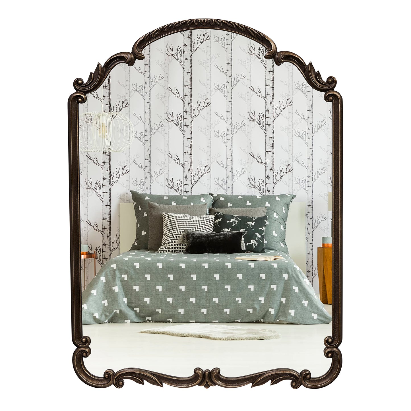 Wylde Iris English Estate Carved Arch Wood Wall Mirror, Mirror for Entryway, Living Room, Bathroom, Antique Black, 22x30