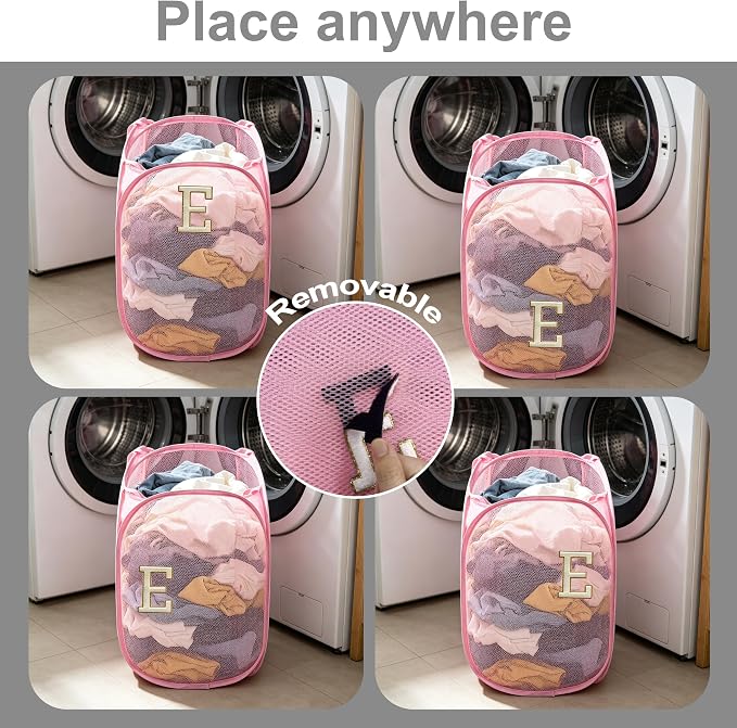 Collapsible Pop Up Laundry Hamper, Extra Large with Removable Initial Letter E, Mesh Foldable Laundry Basket, 28" x 16" x 16" (Pink)