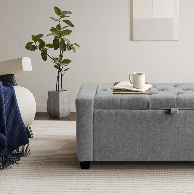 GRAINELL Storage Ottoman Bench, Upholstered Tufted Bedroom Bench with Storage, End of Bed Storage Bench for Living Room & Entryway, 350 lb Capacity, Linen Light Gray