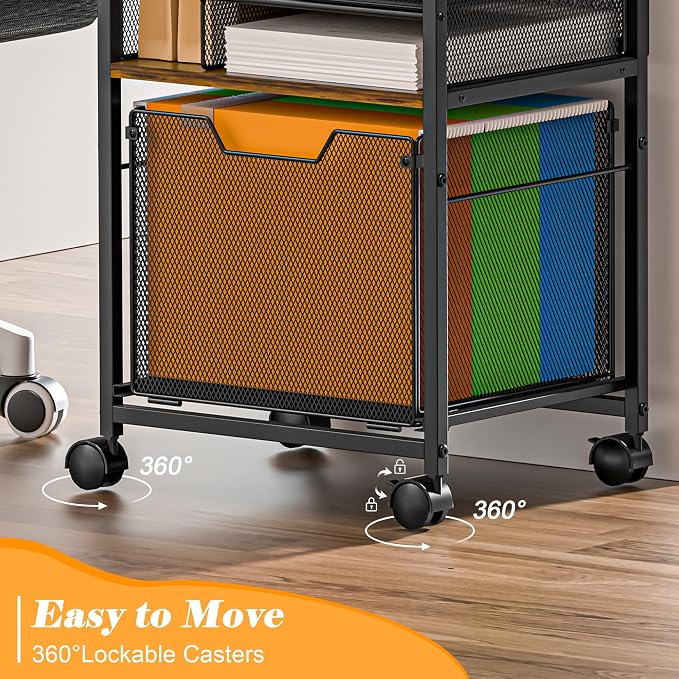 5-Tier Rolling File Cart Under Desk with Drawers, File Cabinet Organizer for Hanging File Folders, Letter-Size File Storage with Wheels, Multi-Layer Mobile Filing Cabinet for Under Desk Storage