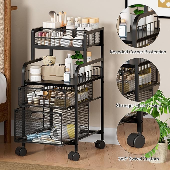 SWTYMIKI Rolling Cart with Drawers - Metal Craft Cart with Wheels, DIY Divider and Wood Shelf, Art Supply Organizer for Under Desk Storage, Utility Storage Cart for Home Office Studio, Black