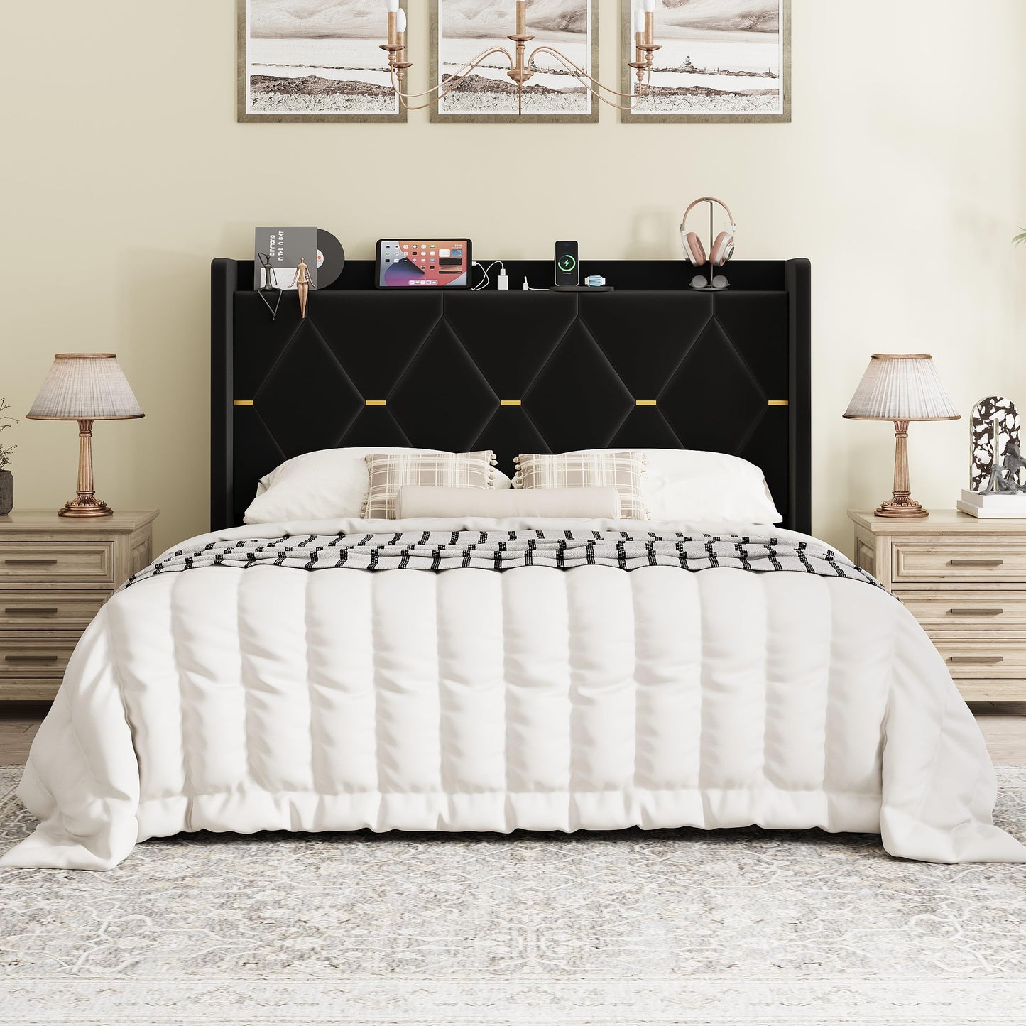 SHA CERLIN Queen Velvet Upholstered Bed Frame with Charging Station, Modern Wingback Storage Headboard, Diamond Stitched & Gold Trim, No Box Spring Needed, Easy Assembly, Black