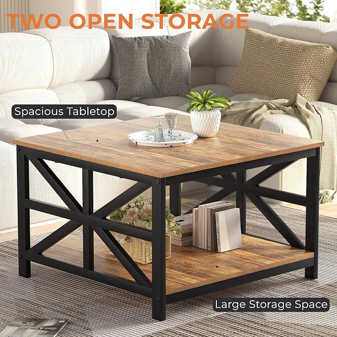 GreenForest Modern Living Room Coffee Table with 2 Tier Storage, Small Square Wood and Metal Farmhouse Center Table with Seamless One-Piece Tabletop, 27.55 Inch, Walnut