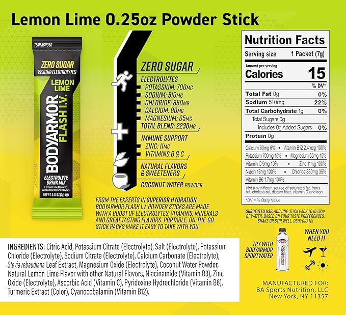 BODYARMOR Flash IV Electrolyte Packets, Lemon Lime - Zero Sugar Drink Mix, Single Serve Packs, Coconut Water Powder (15 Count)